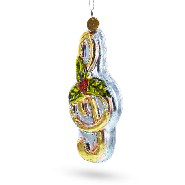 Melodic Musical Note with Poinsettia - Blown Glass Christmas Ornament in Multi color,  shape