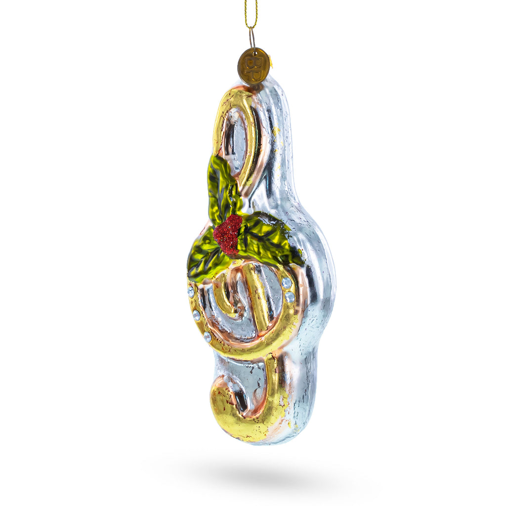 Musical Note with Poinsettia Glass Christmas Ornament in Silver color Figurine