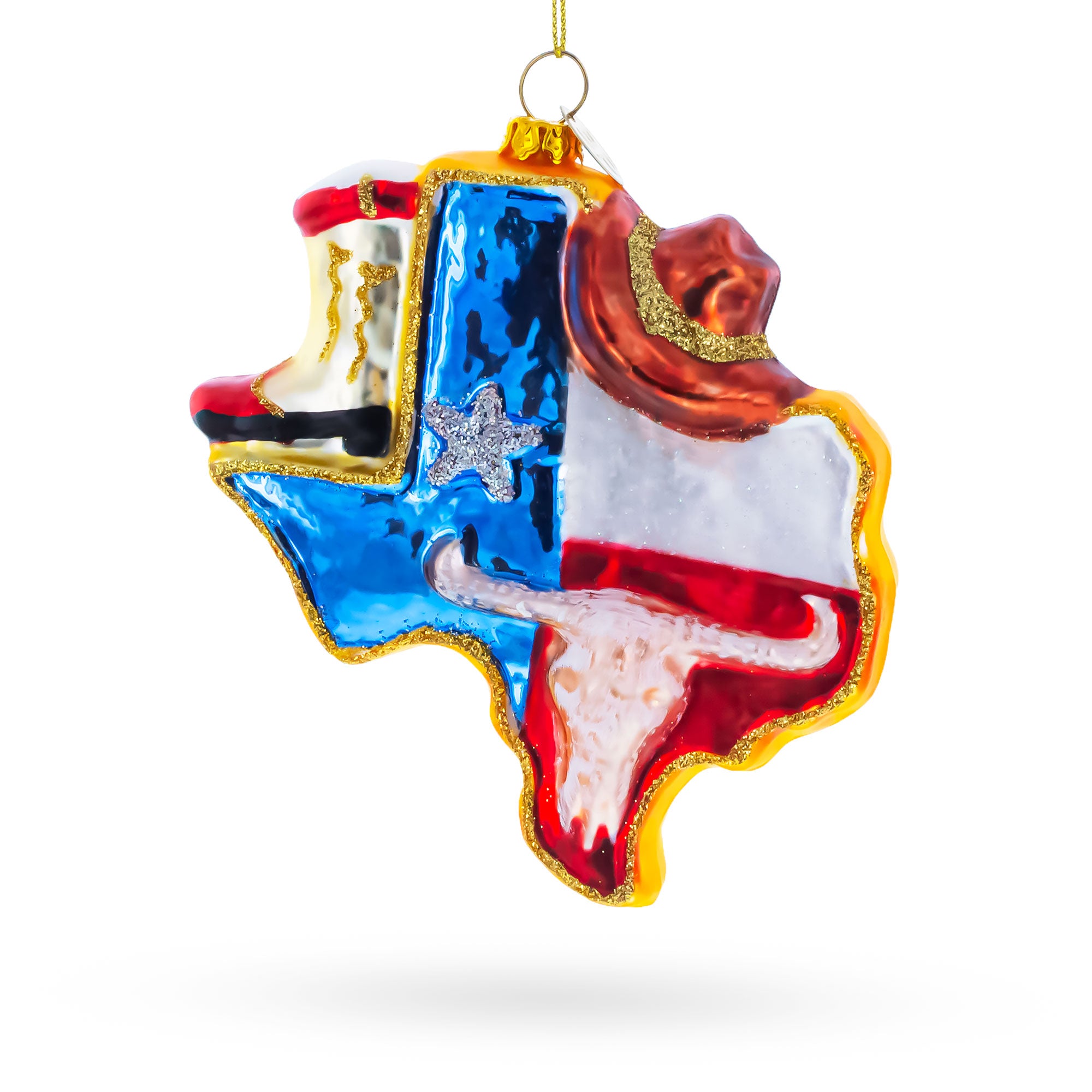 State of Texas Symbols, USA Glass Christmas Ornament in Multi color Figurine
