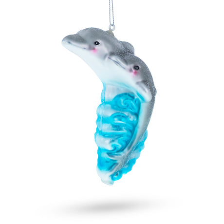 ChatGPT Graceful Dolphin Riding the Wave - Blown Glass Christmas Ornament in Multi color,  shape