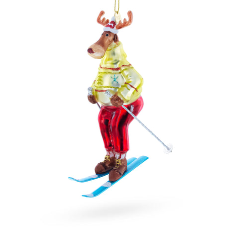 Festive Reindeer Skiing Blown Glass Christmas Ornament in Multi color