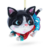 Black Cat Wearing a Dress Blown Glass Christmas Ornament in Multi color