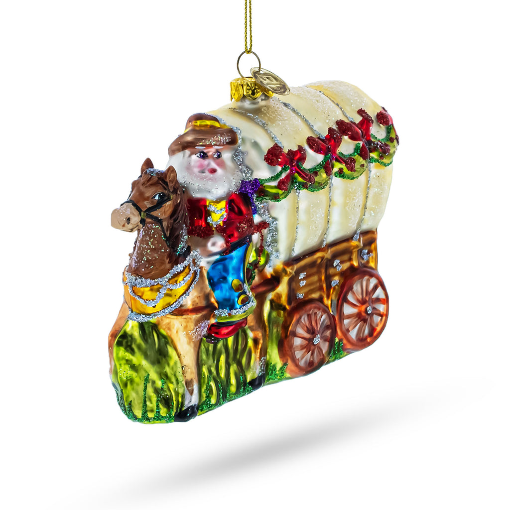 Western Santa with Holiday Wagon Glass Christmas Ornament in Brown color Figurine