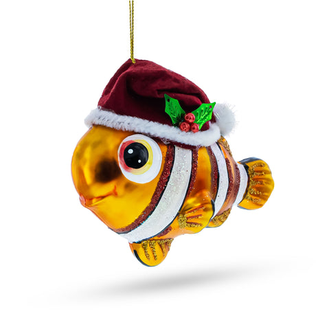 Festive Clownfish in Santa Hat Glass Christmas Ornament in  color