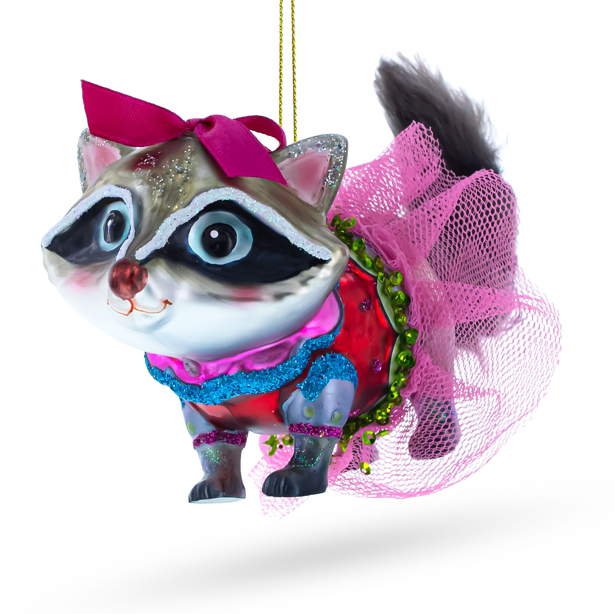 Raccoon in Dress Glass Christmas Ornament in Gray color Figurine