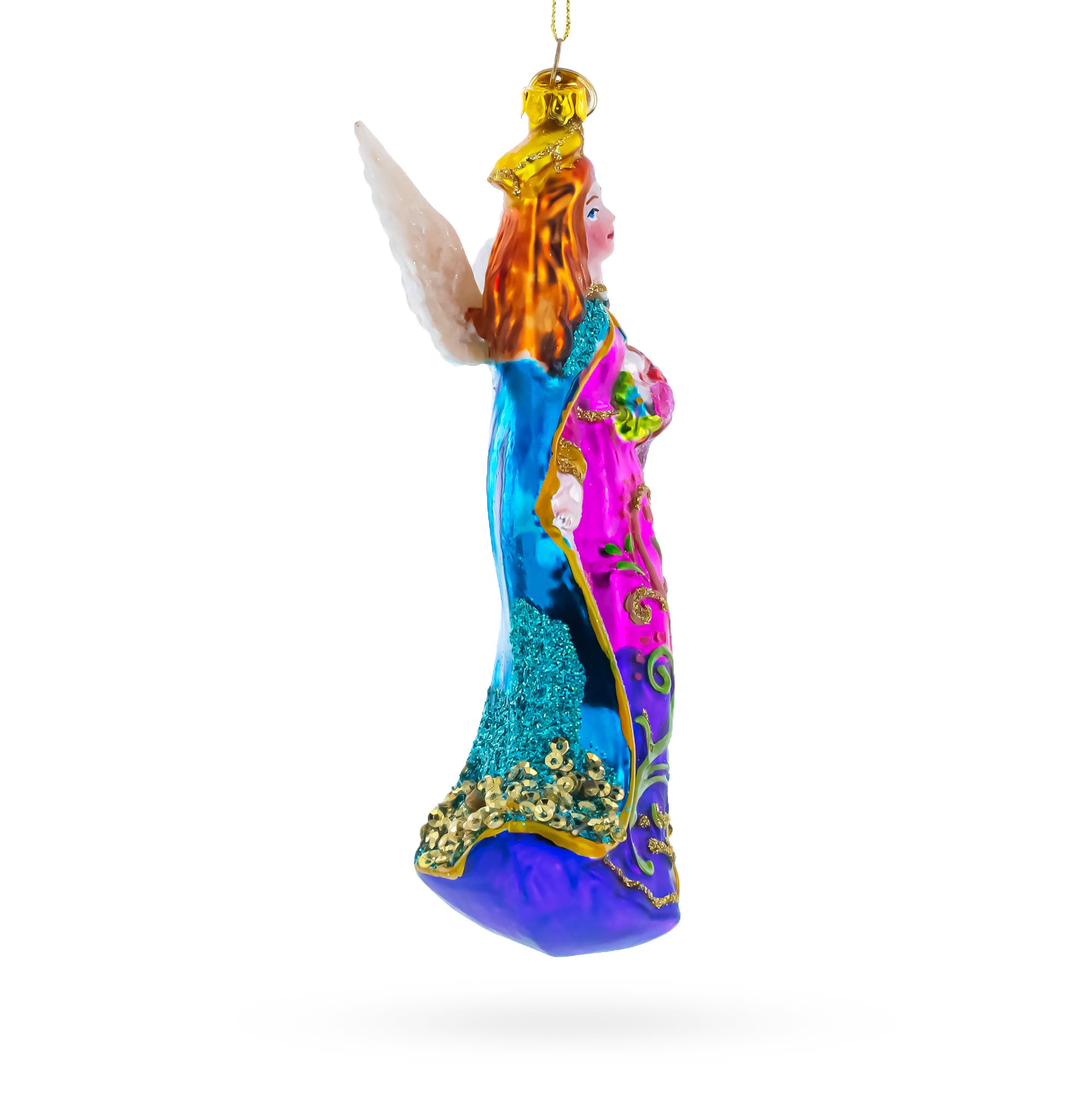 Serene Angel with Basket of Flowers Glass Christmas OrnamentChina , dimensions in inches: 6.15 x 3.04 x 1.82