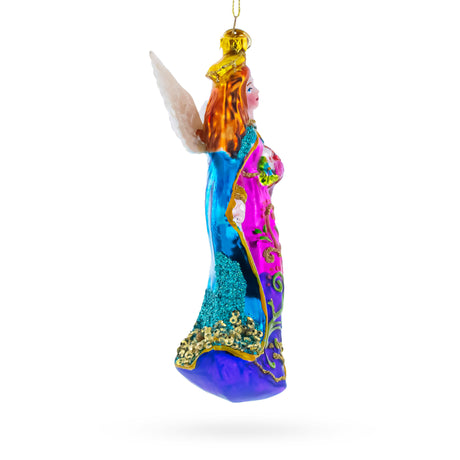 Serene Angel with Basket of Flowers Glass Christmas Ornament , dimensions in inches: 6.15 x 3.04 x 1.82