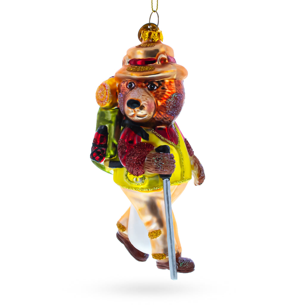 Bear Hiker Glass Christmas Ornament in Brown color Figurine