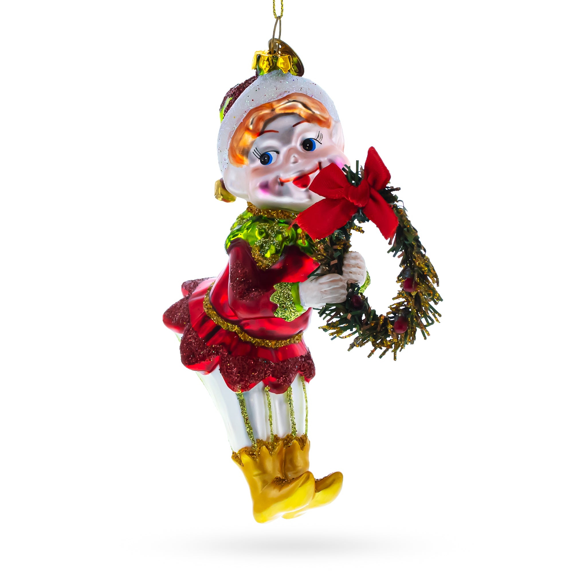 Merry Elf with Wreath Glass Christmas Ornament in Red color Figurine