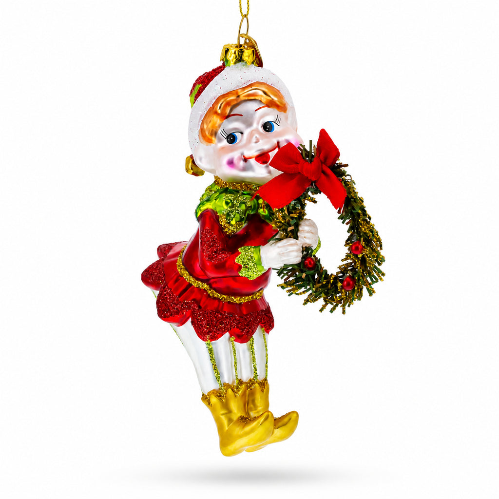 Smiling Elf with Red Bow Wreath Glass Christmas Ornament in Red color Figurine