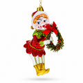 Smiling Elf with Red Bow Wreath Glass Christmas Ornament in Red color Figurine