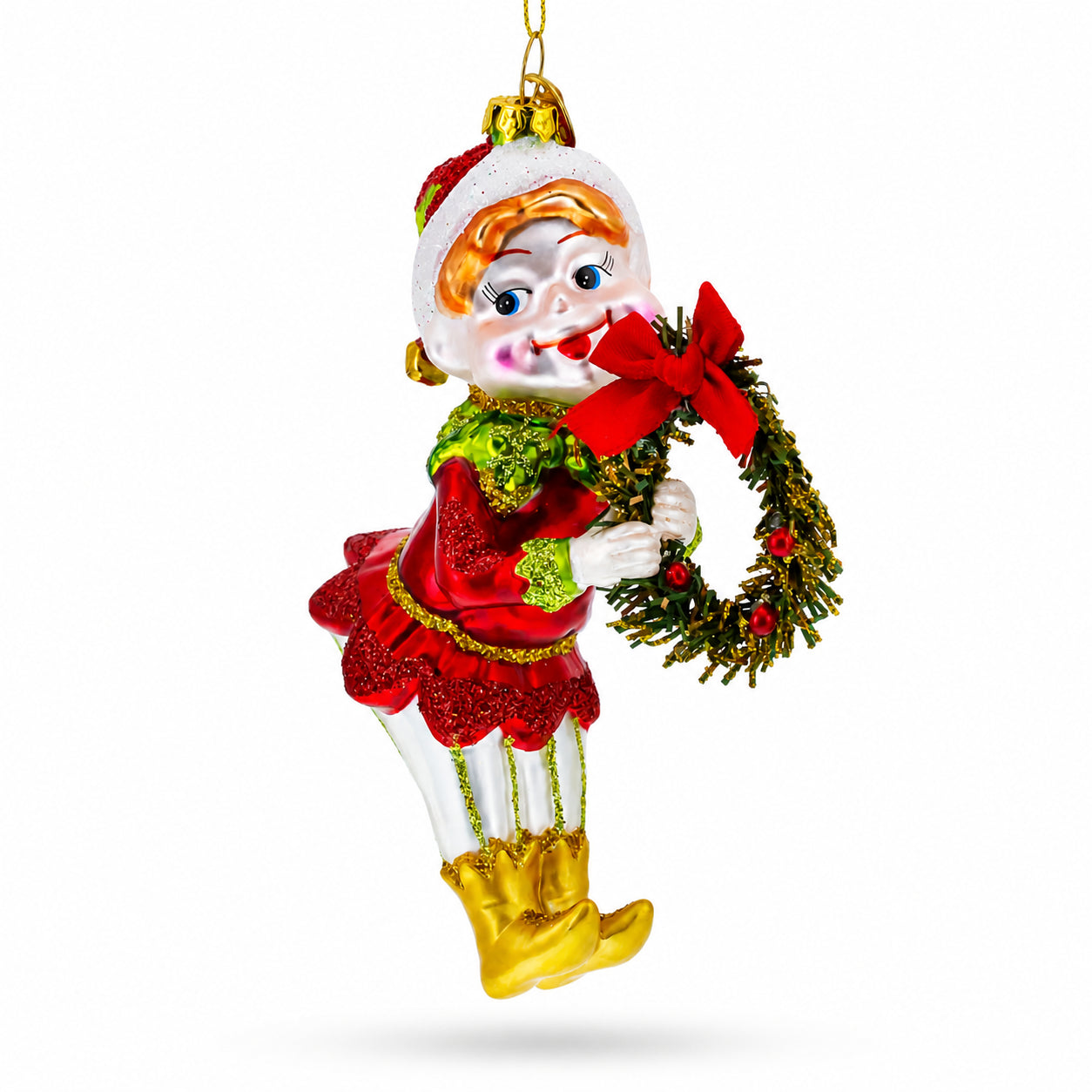 Smiling Elf with Red Bow Wreath Glass Christmas Ornament in Red color Figurine