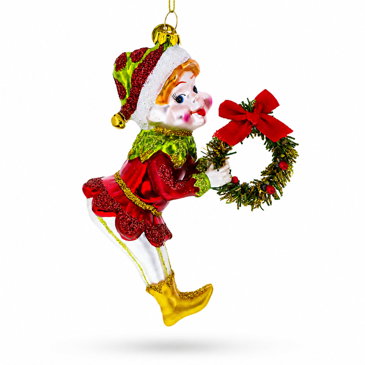 BestPysanky online gift shop sells holiday tree decor festive helper santa assistant collectible keepsake hanging decoration whimsical figure rosy cheeks red bow garland accent shiny painted vintage inspired seasonal gift cheerful home display