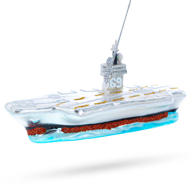 Aircraft Carrier - Blown Glass Christmas Ornament in Blue color,  shape