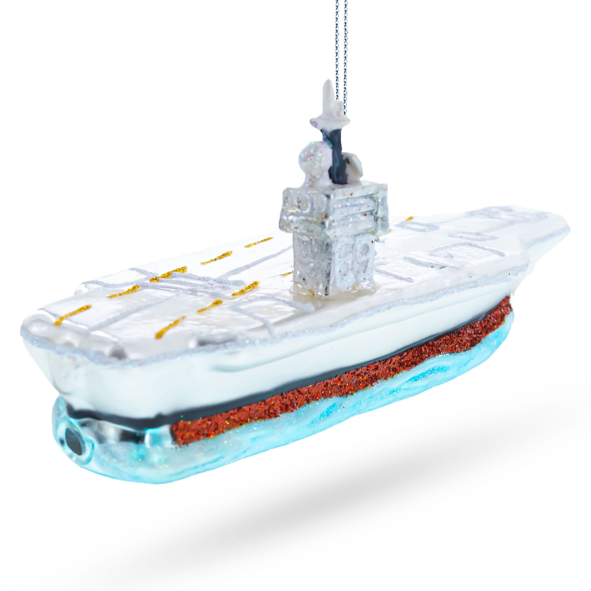 Aircraft Carrier Blown Glass Christmas OrnamentChina , dimensions in inches: 5.67 x 2.8 x 1.95