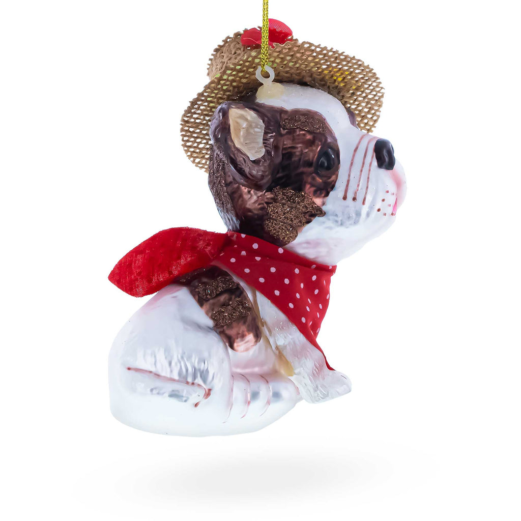 Dapper Boston Terrier in Hat Glass Christmas OrnamentChina , dimensions in inches: 5.64 x 2.9 x 1.87