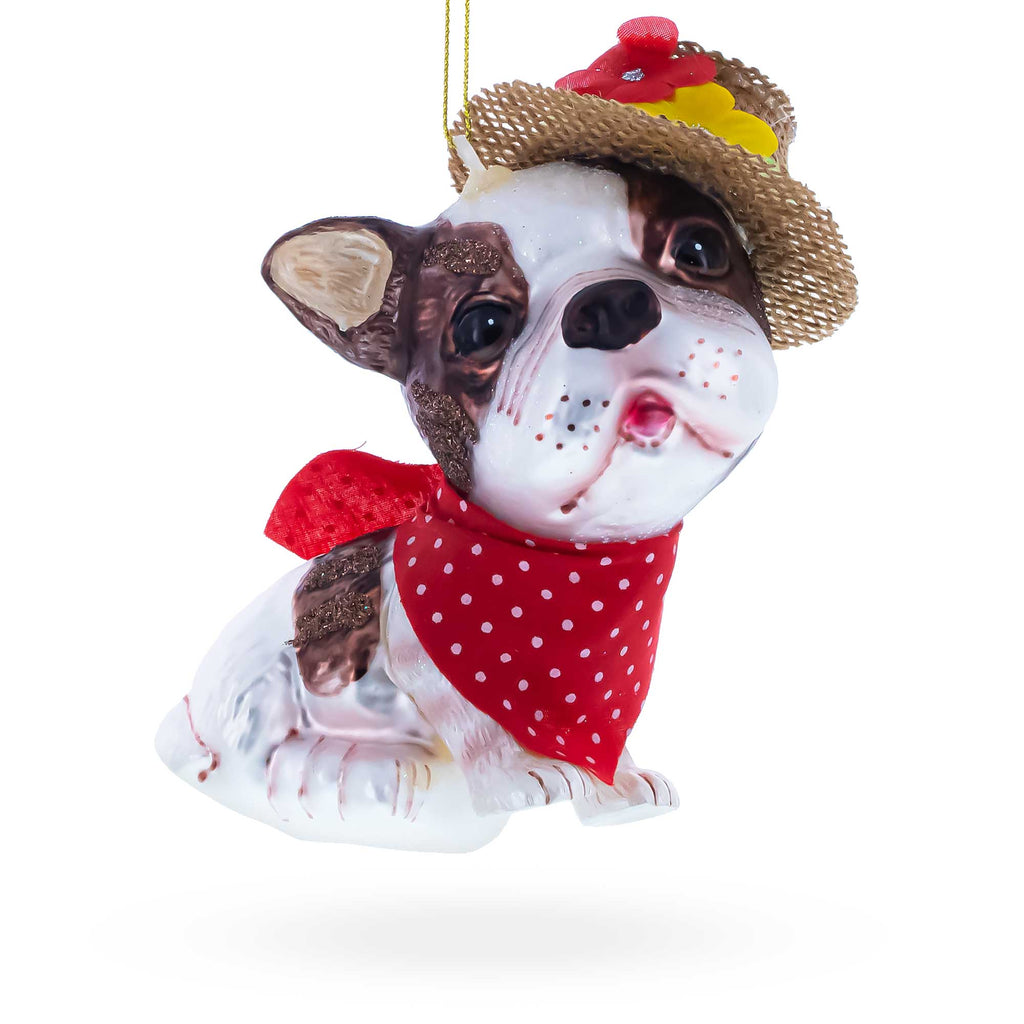 Dapper Boston Terrier in Hat Glass Christmas Ornament in Brown color Figurine