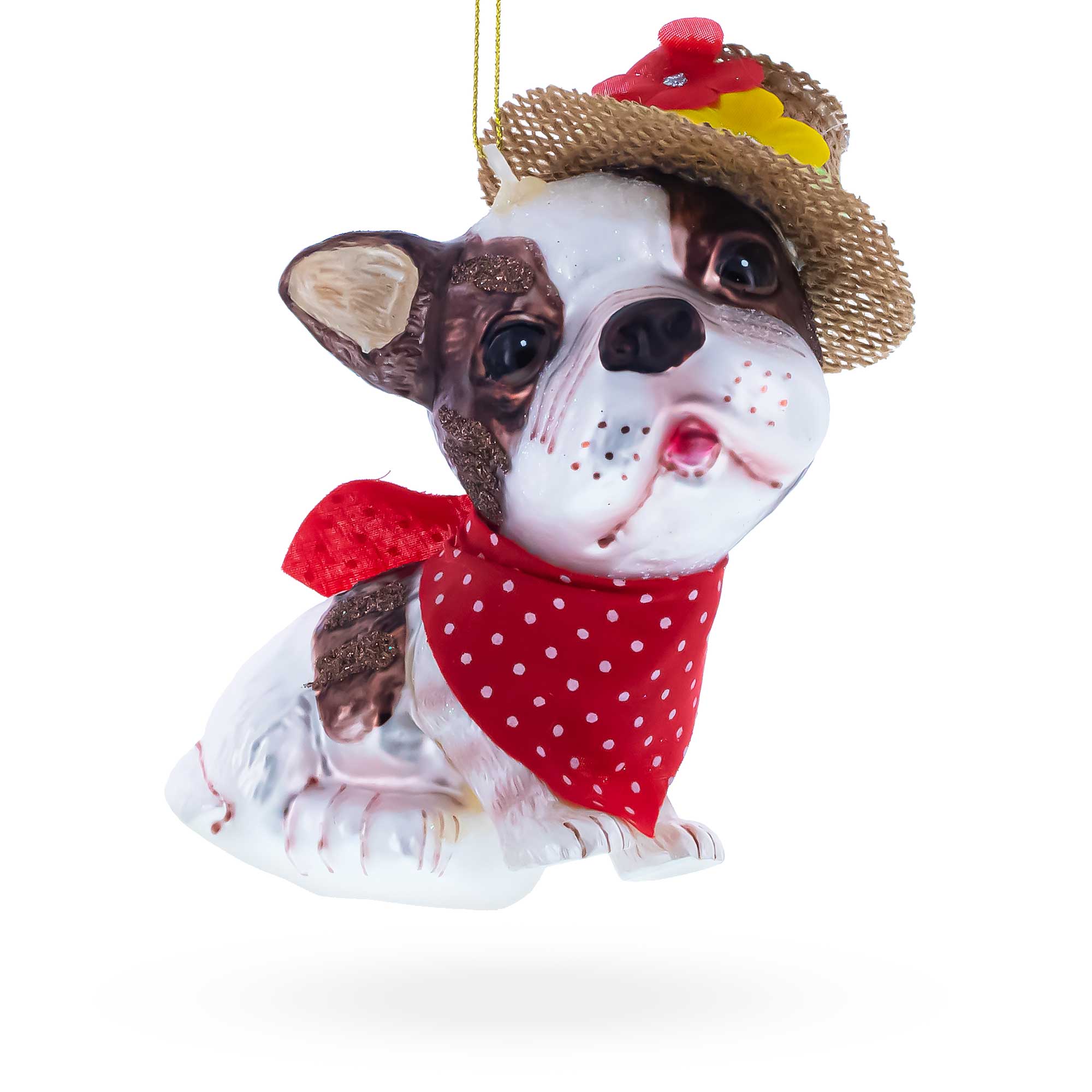 Dapper Boston Terrier in Hat Glass Christmas Ornament in Brown color Figurine