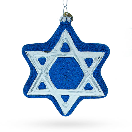Jewish Star of David - Blown Glass Christmas Ornament in Blue color, Star shape