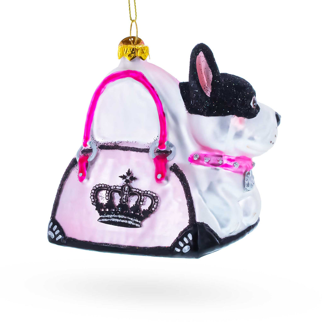 Boston Terrier in Pink Handbag Glass Christmas OrnamentChina , dimensions in inches: 3.98 x 3.58 x 2.33