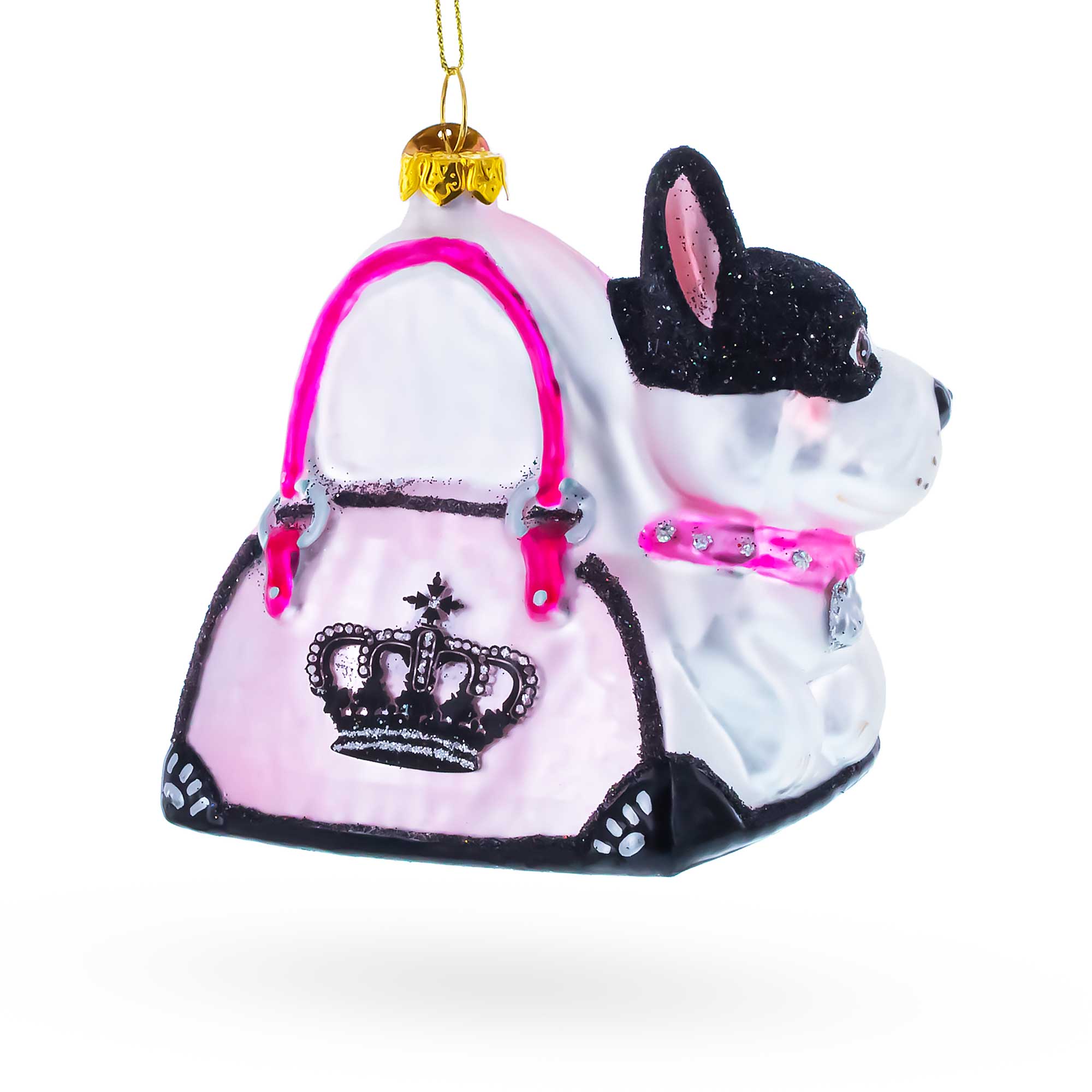 Boston Terrier in Pink Handbag Glass Christmas OrnamentChina , dimensions in inches: 3.98 x 3.58 x 2.33