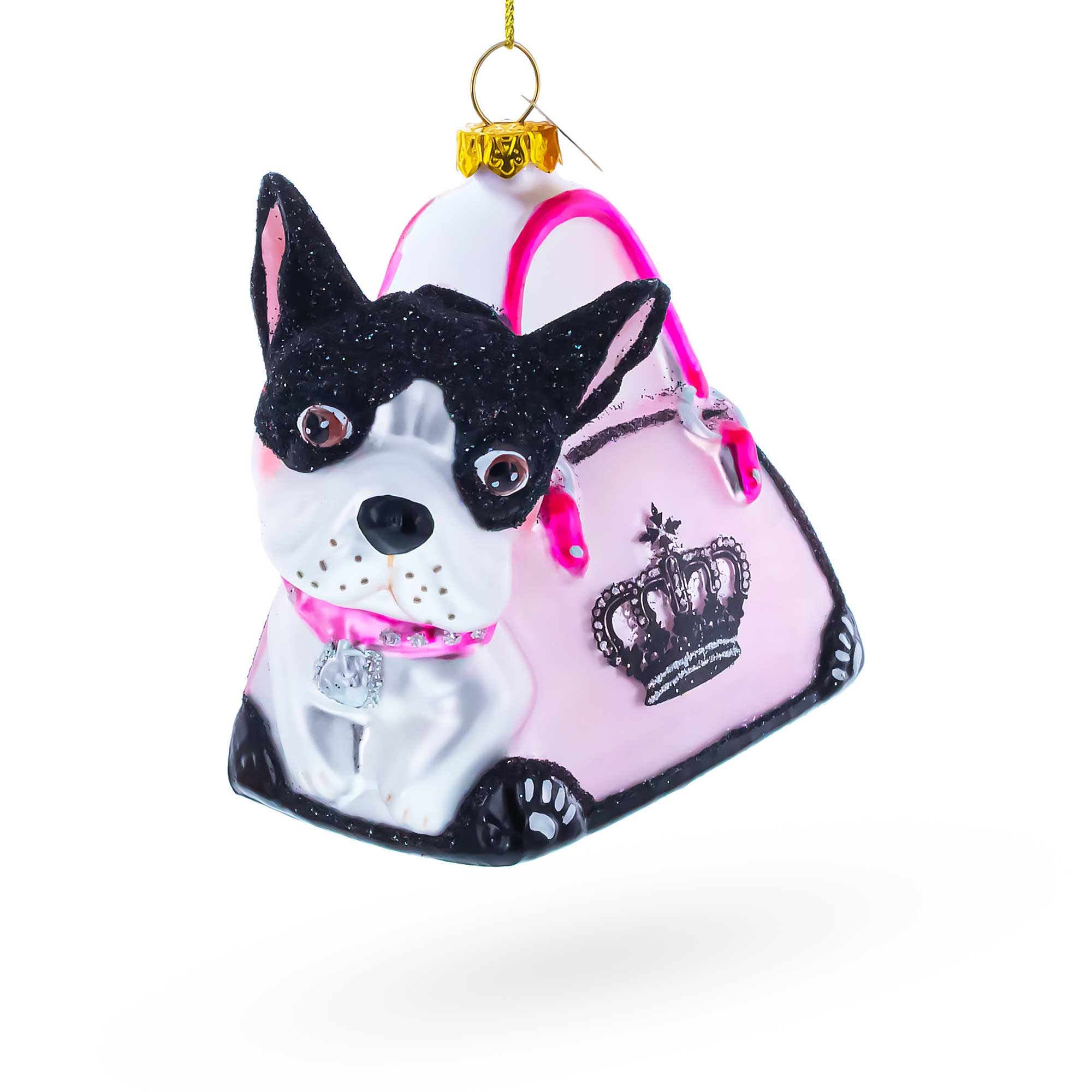 Boston Terrier in Pink Handbag Glass Christmas Ornament in Pink color Figurine