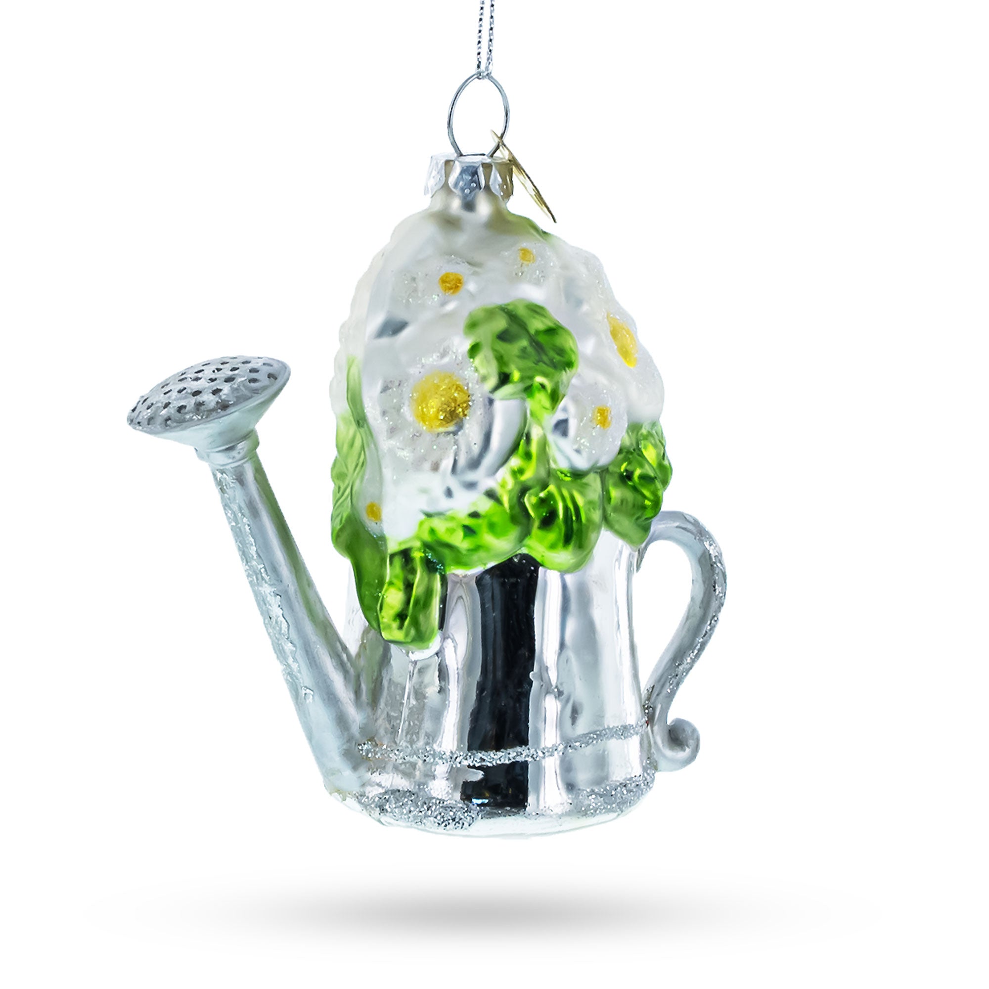 Floral Watering Can Glass Christmas Ornament in Silver color Figurine