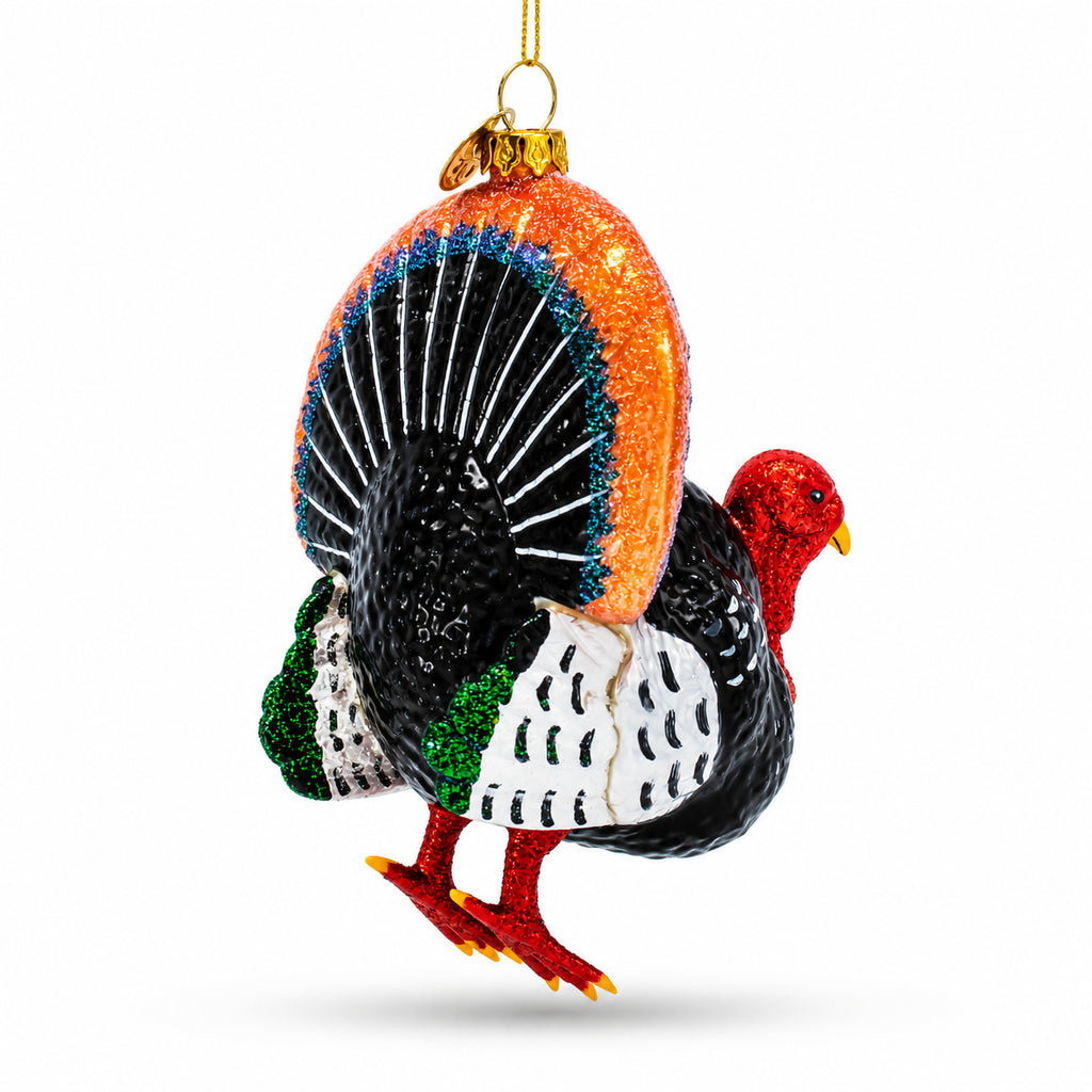 Gobbler Turkey for Thanksgiving and Holiday Decor Glass Christmas OrnamentChina , dimensions in inches: 5.4 x 3.12 x 2.75