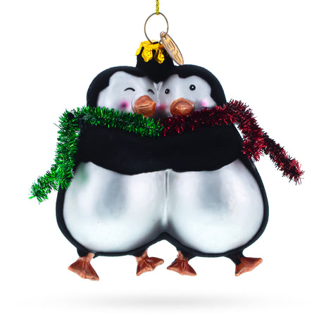 Glass Romantic Penguin Couple in Love - Handcrafted Blown Glass Christmas Ornament in Black color