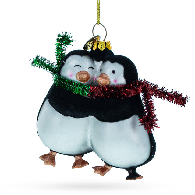 Romantic Penguin Couple in Love - Handcrafted Blown Glass Christmas Ornament in Black color,  shape