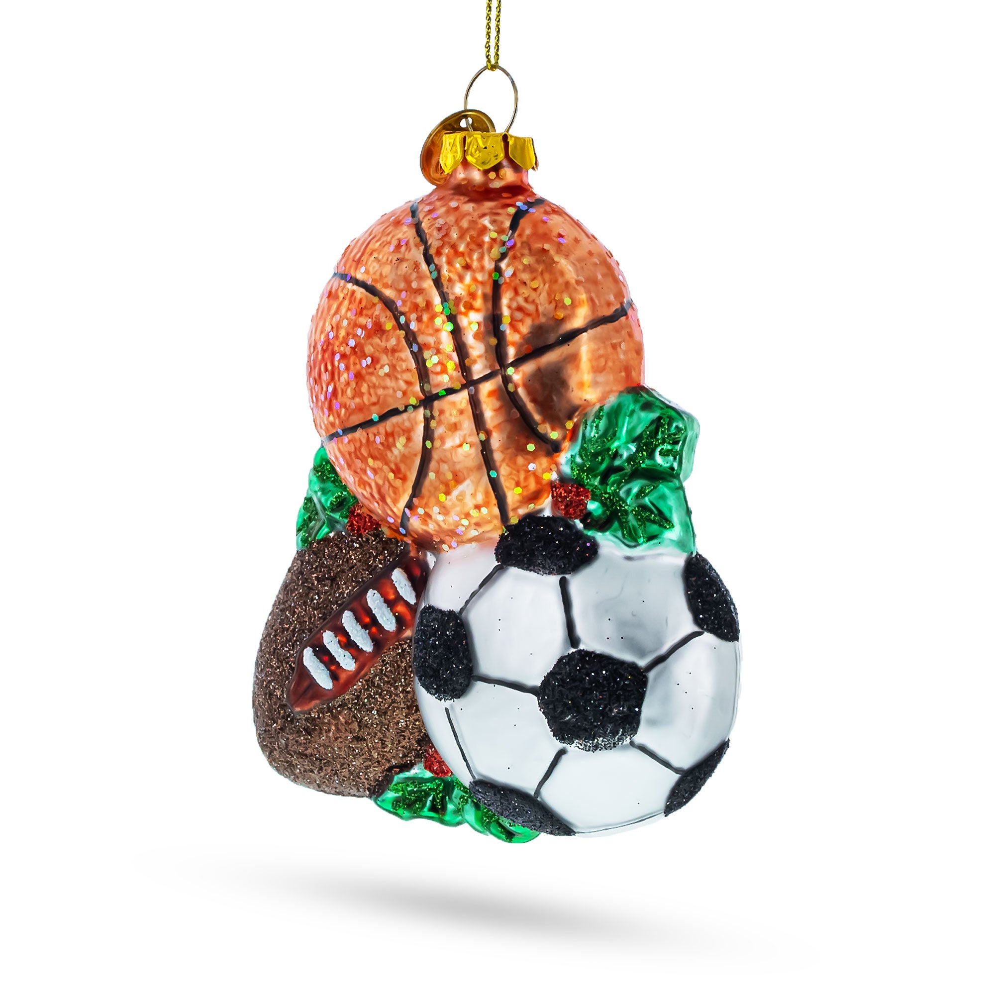 Sporty Football, Basketball, and Soccer Balls Glass Christmas Ornament in Orange color Figurine