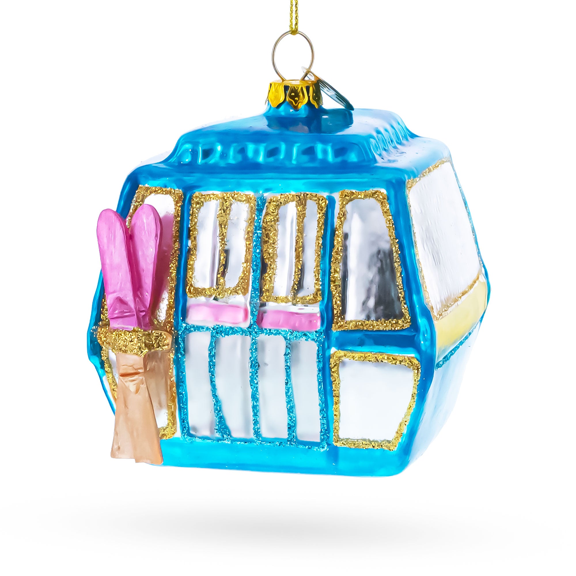 Ski Gondola Cable Car Blown Glass Christmas Ornament in Blue color Figurine