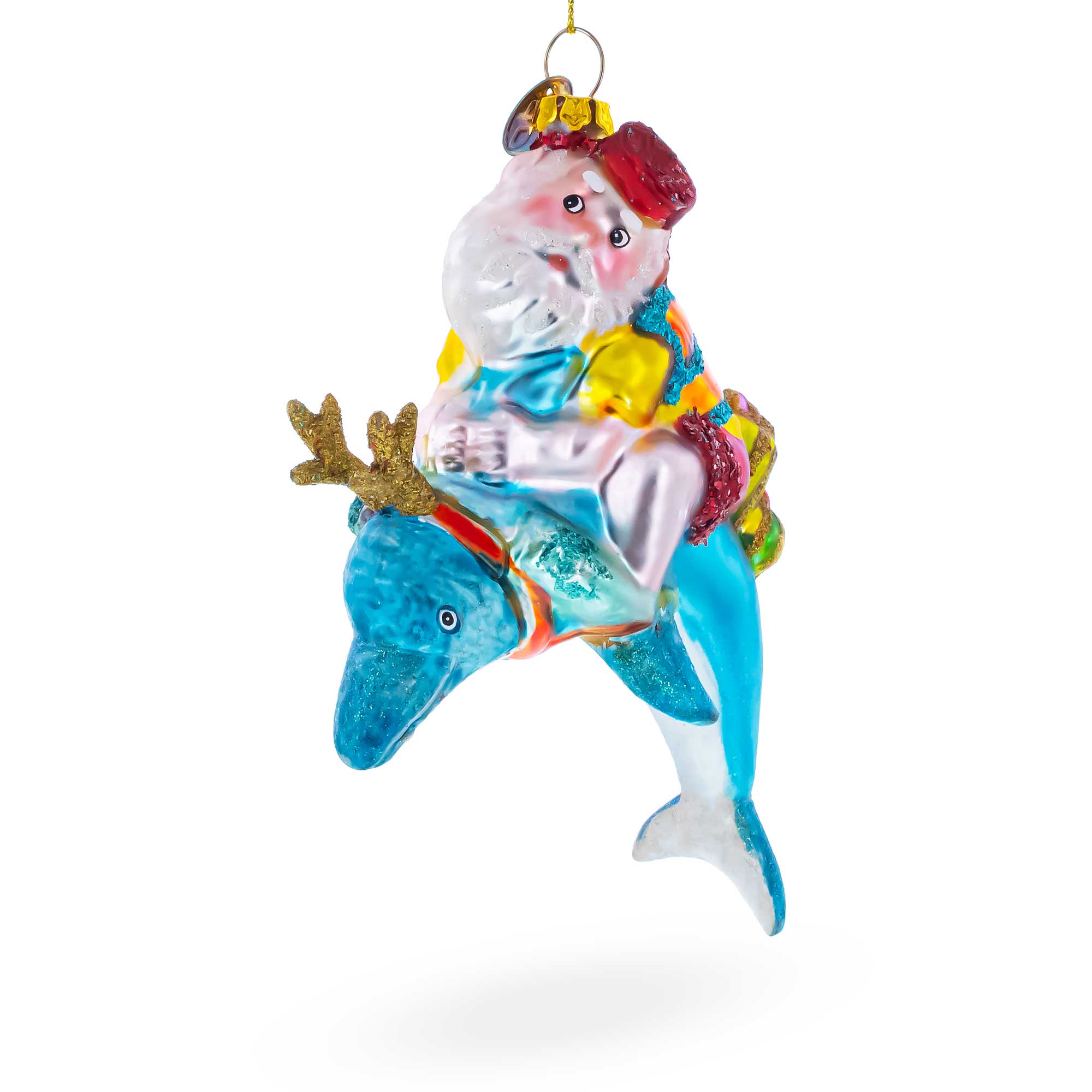 Santa Diver Riding Dolphin Glass Christmas Ornament in Blue color Figurine