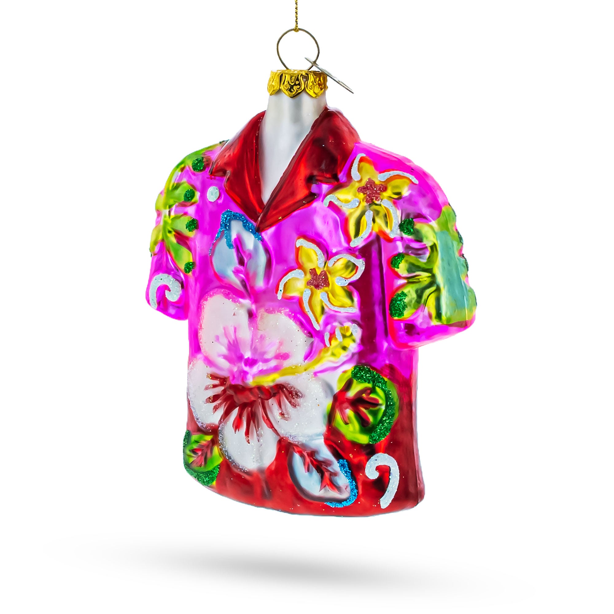 Tropical Short Sleeve Shirt with Flowers Blown Glass Christmas Ornament in Multi color Figurine