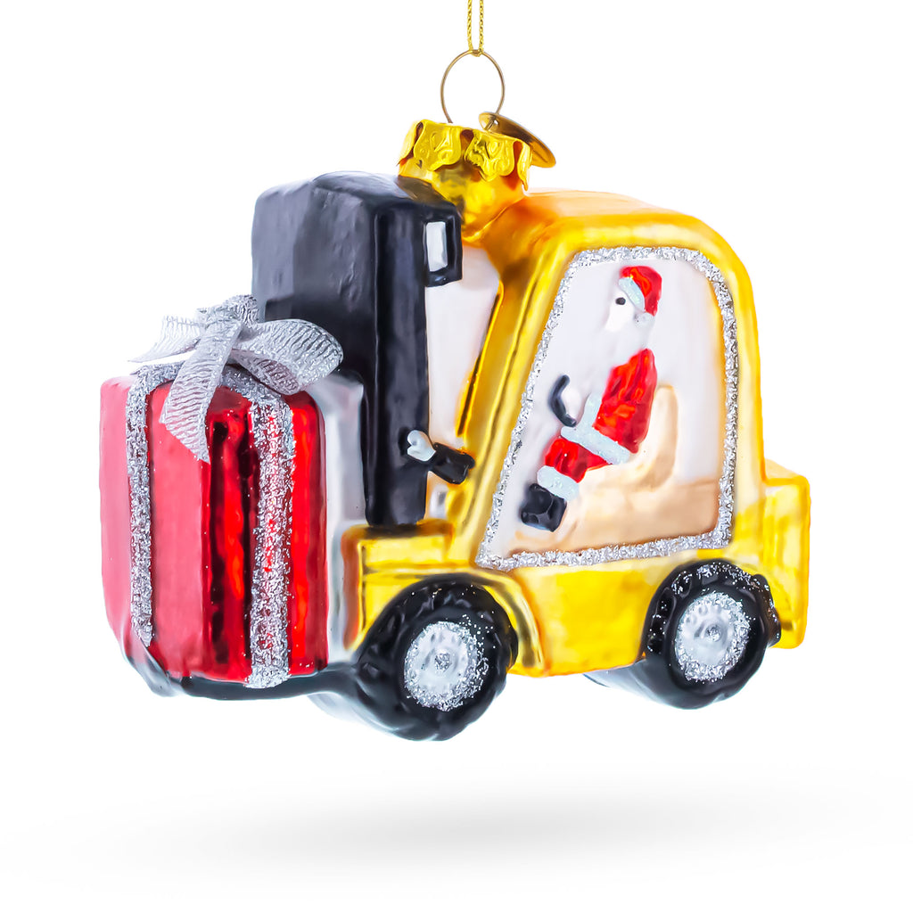 Santa Delivering Gifts with a Forklift Glass Christmas Ornament in Multi color Figurine