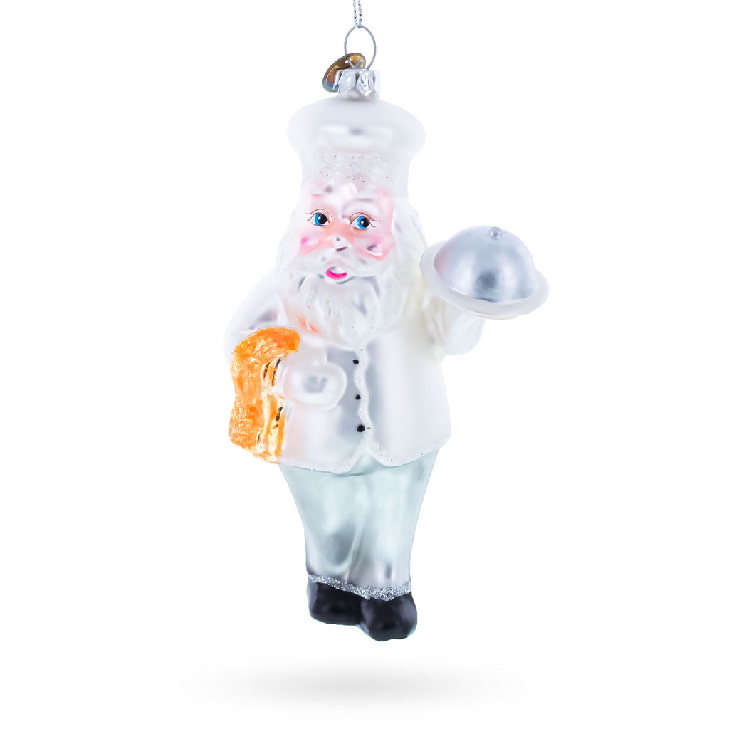 Chef Santa Serving a Festive Feast Glass Christmas Ornament in White color Figurine