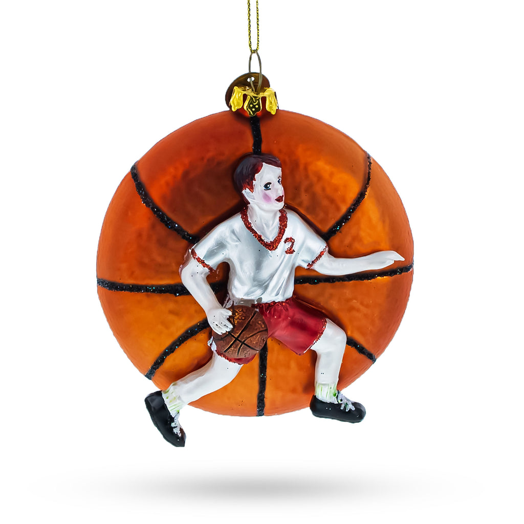 Glass Slam Dunk Basketball Player - Blown Glass Christmas Ornament in Orange color