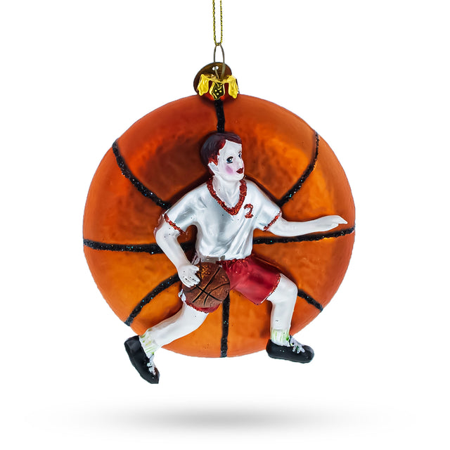 Slam Dunk Basketball Player - Blown Glass Christmas Ornament in Orange color,  shape