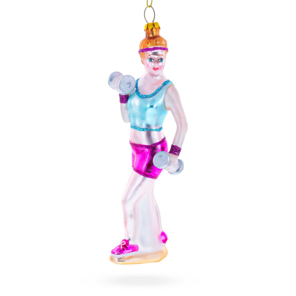 Retro Fitness Weightlifter Glass Christmas Ornament in Purple color Figurine