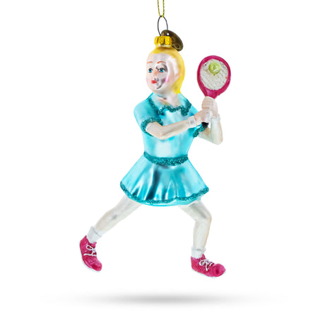 Athletic Girl Playing Tennis - Blown Glass Christmas Ornament in Multi color,  shape