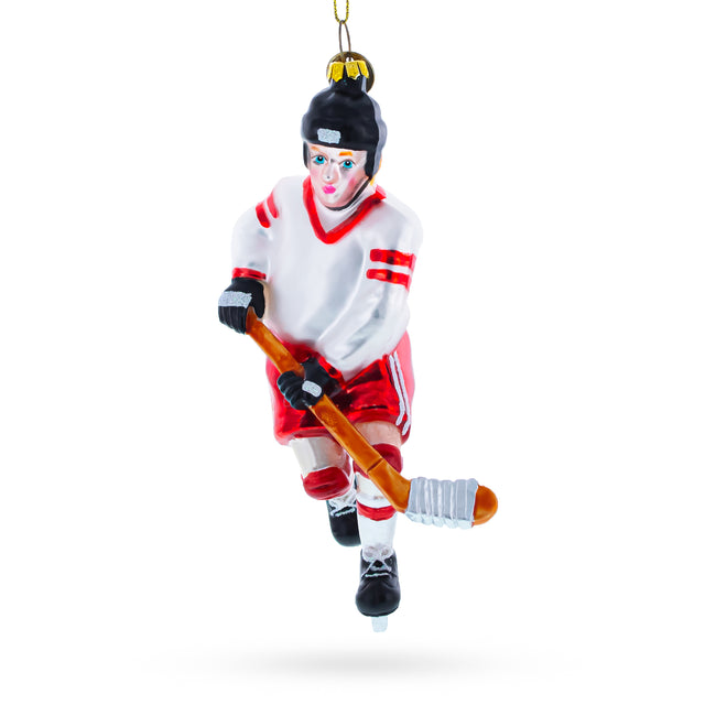 Skilled Hockey Player Blown Glass Christmas Ornament in White color