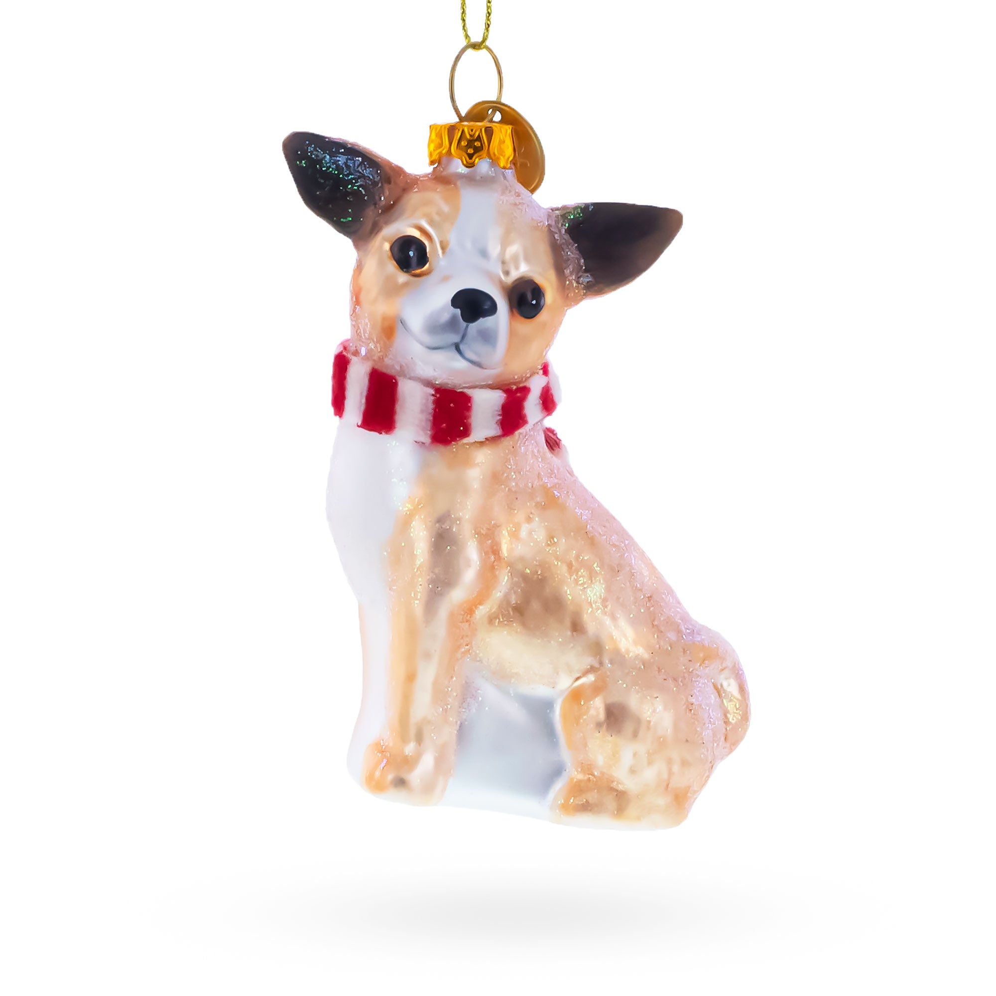 Chihuahua with Striped Scarf Glass Christmas Ornament in Orange color Figurine