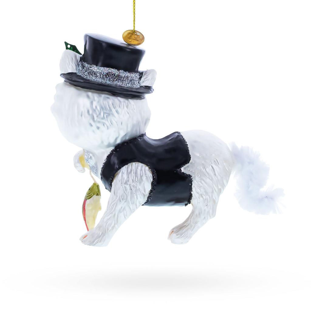 Mysterious Cat in Black Costume Holding Fish Glass Christmas OrnamentChina , dimensions in inches: 4.5 x 4.4 x 2.3