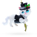 Cat in Black Costume Holding Fish Glass Christmas Ornament in White color Figurine