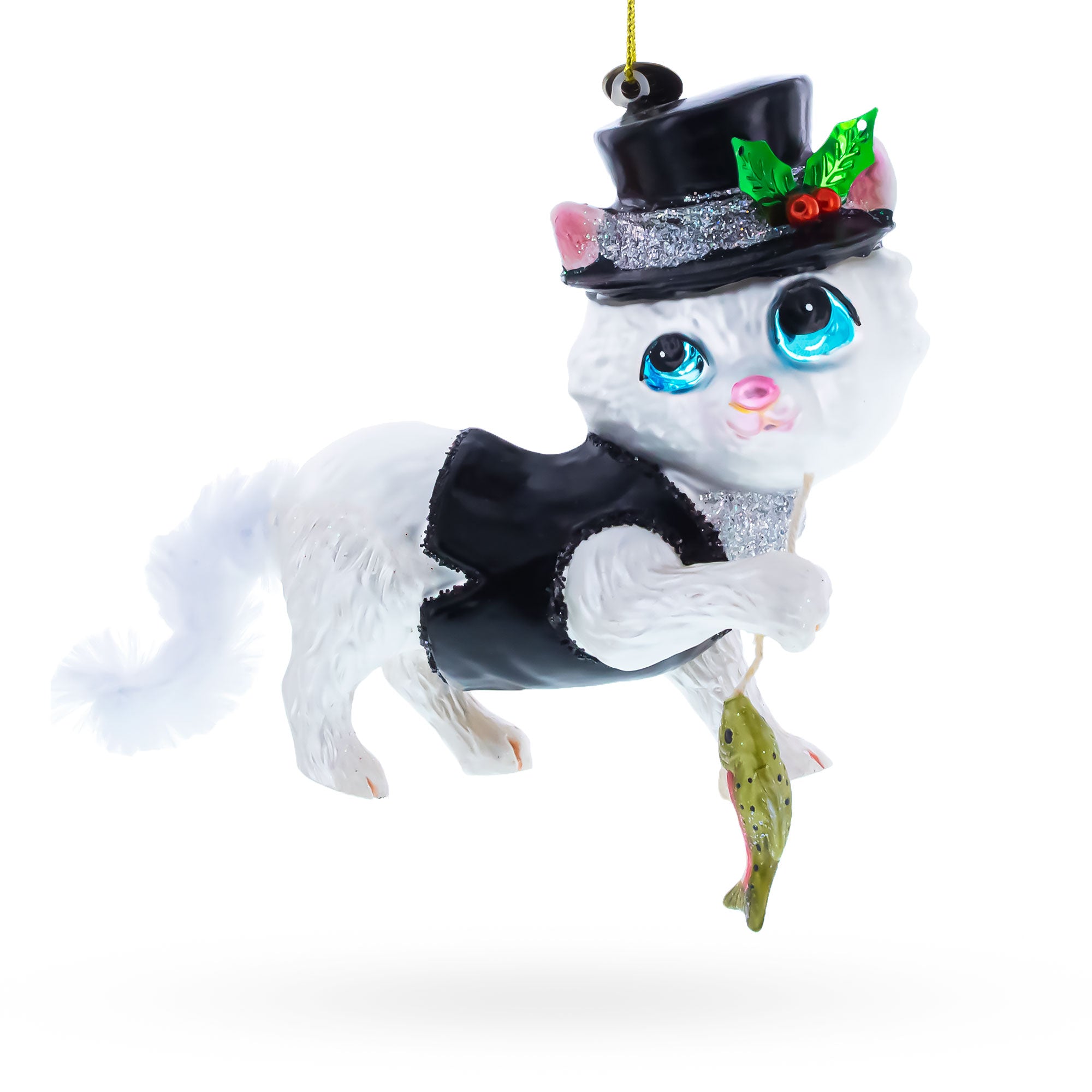 Mysterious Cat in Black Costume Holding Fish Glass Christmas Ornament in Multi color Figurine