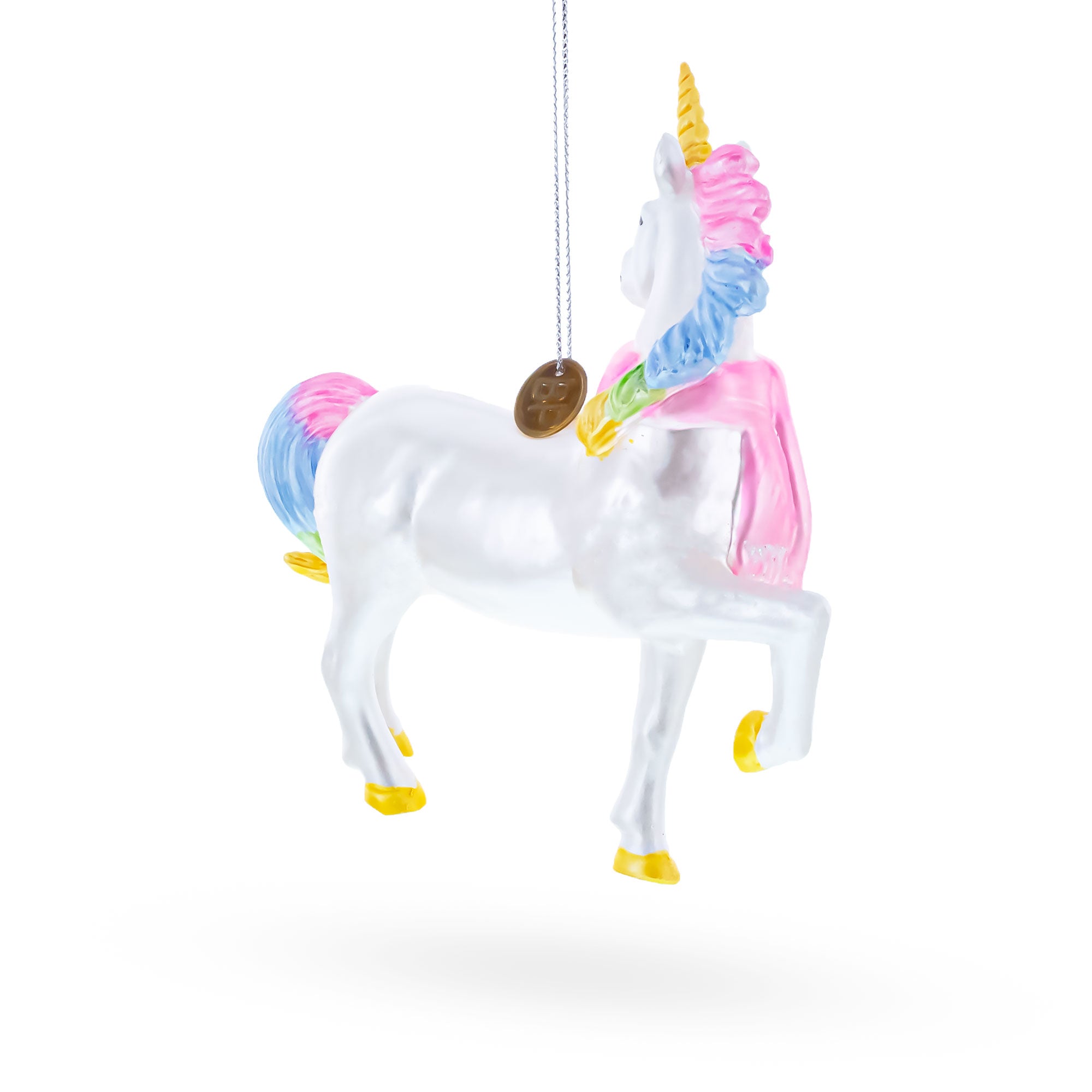 Rainbow Unicorn Glass Christmas OrnamentChina , dimensions in inches: 4.9 x 4.2 x 1.3