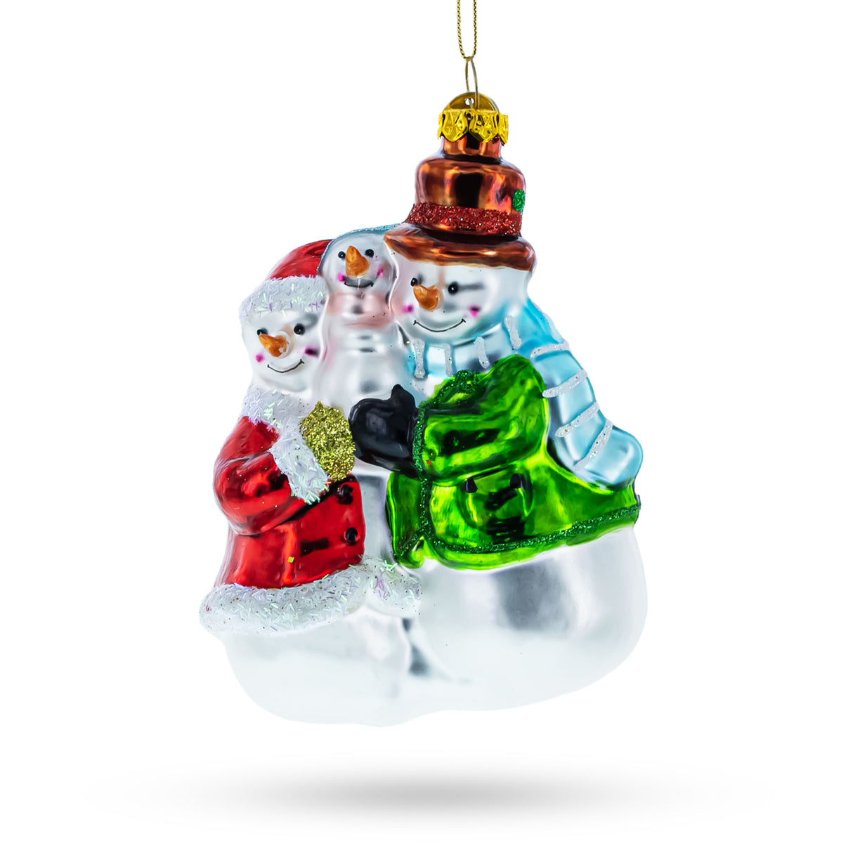Snowman Family with Baby - Blown Glass Christmas Ornament in Multi color,  shape
