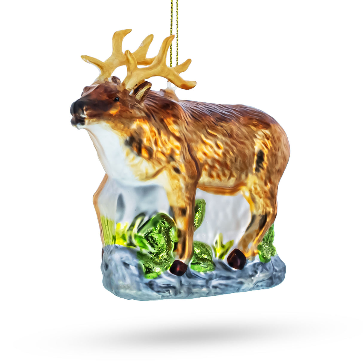 Graceful Reindeer on Grass - Blown Glass Christmas Ornament in Multi color,  shape