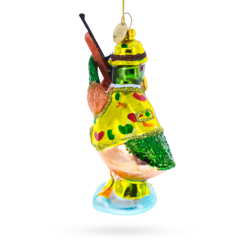 Duck the Hunter Glass Christmas OrnamentChina , dimensions in inches: 5.4 x 2.5 x 1.9
