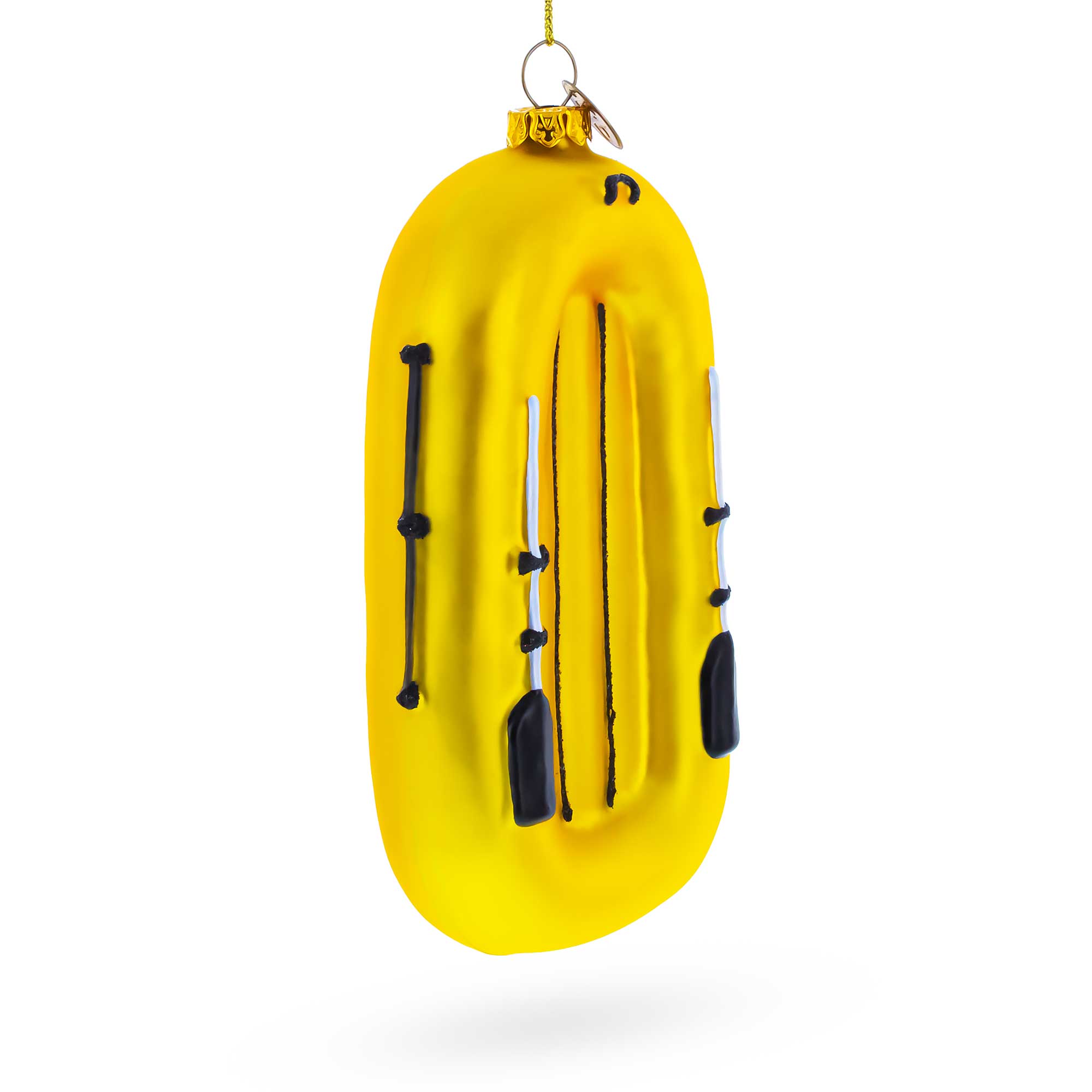 Sunny Yellow Rubber Boat Glass Christmas OrnamentChina , dimensions in inches: 5.5 x 2.9 x 1.3